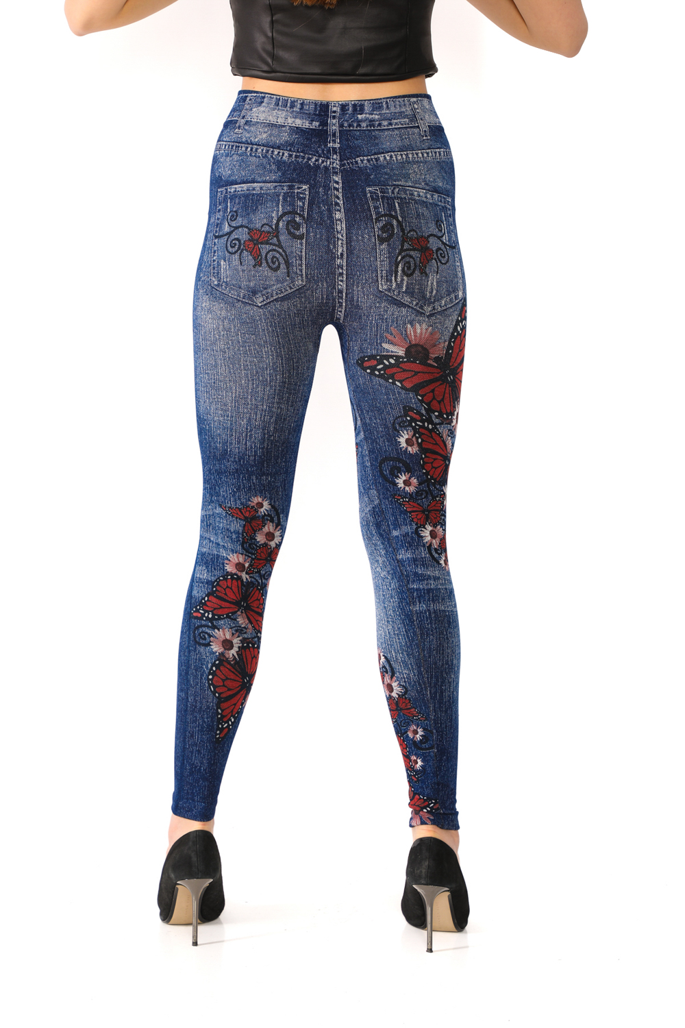 Denim Leggings with Butterflies and Floral Pattern