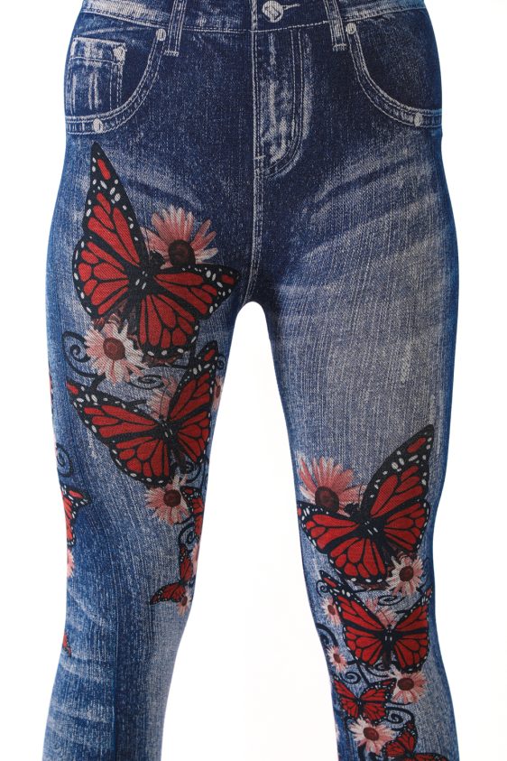 Denim Jeggings with Butterflies and Floral Pattern - 6