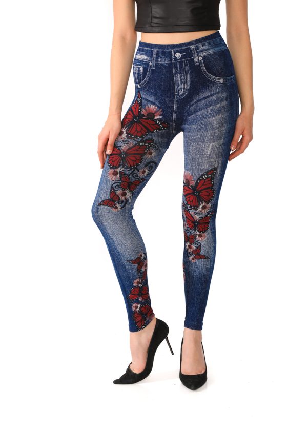 Denim Jeggings with Butterflies and Floral Pattern - 3
