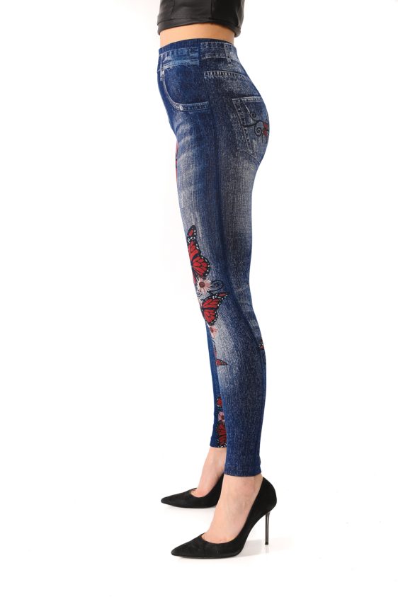 Denim Jeggings with Butterflies and Floral Pattern - 4