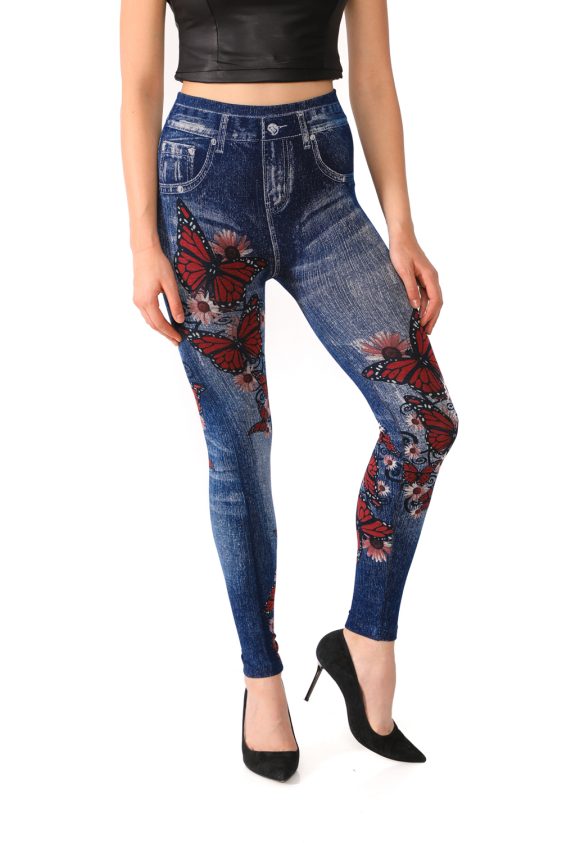 Denim Jeggings with Butterflies and Floral Pattern - 5