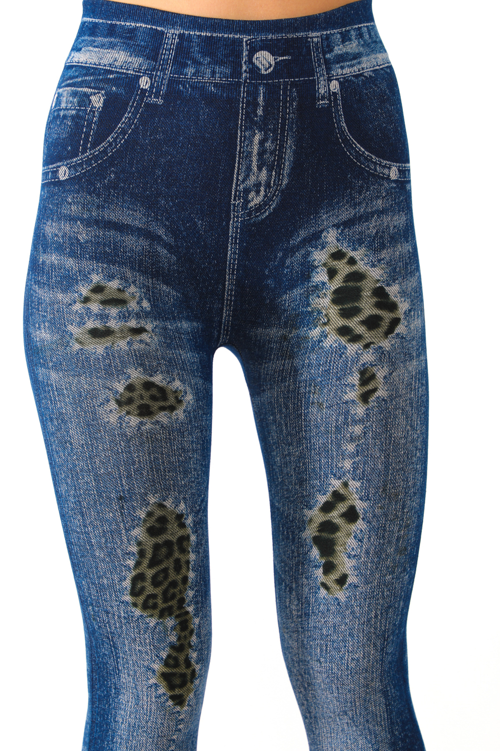 Denim Leggings with Leopard Patch Pattern - 6
