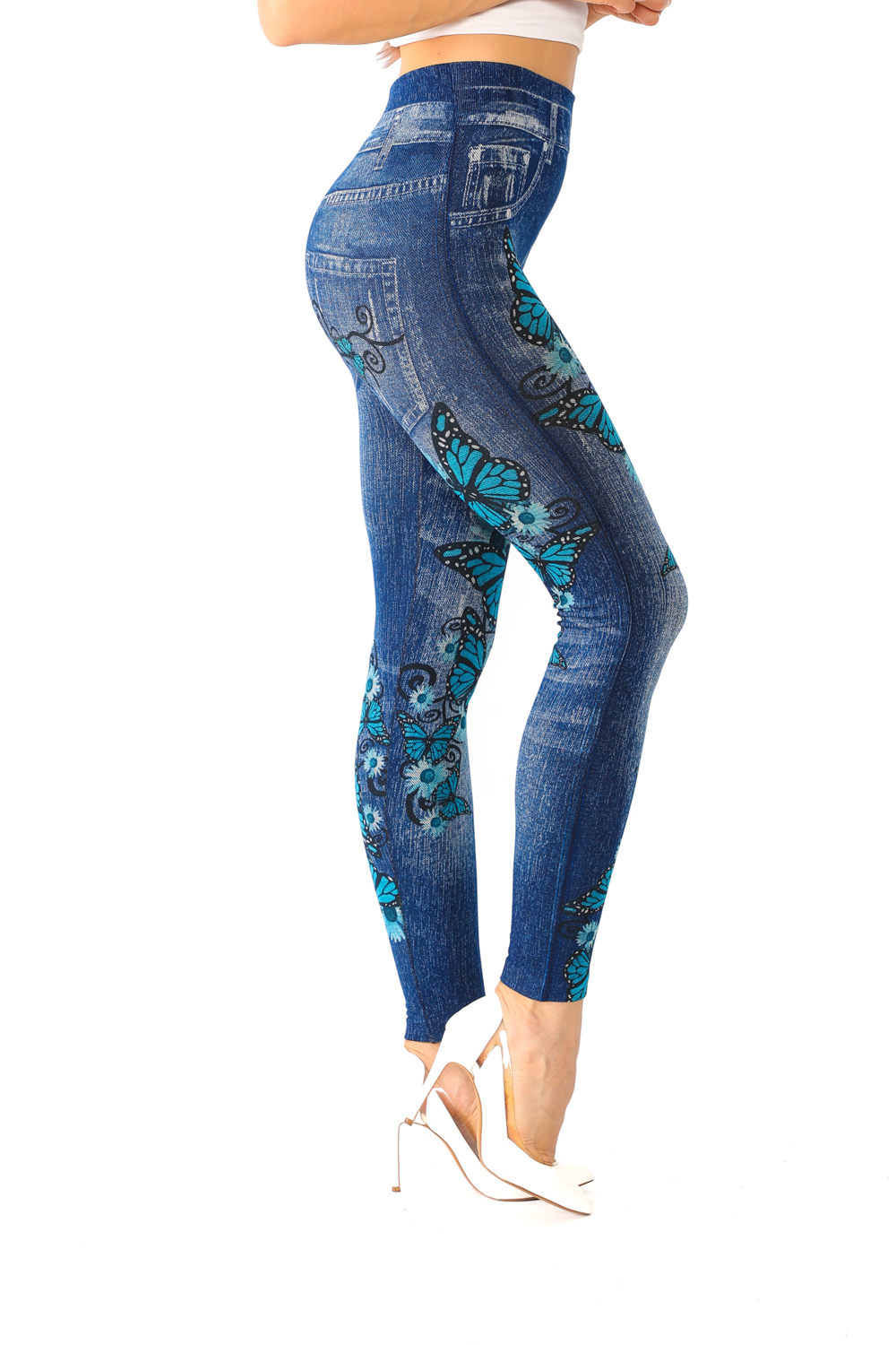 Denim Leggings with Blue Butterfly and Daisy Pattern