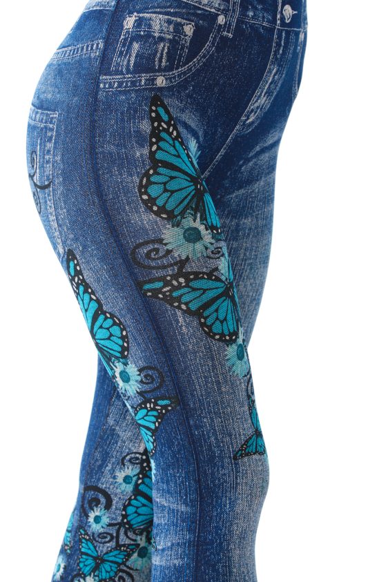 Denim Leggings with Blue Butterfly and Daisy Pattern