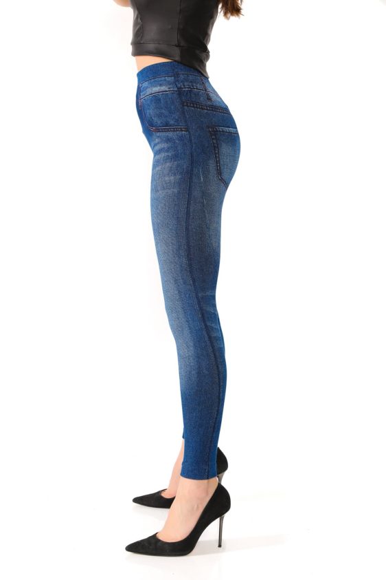 Denim Leggings with Fake Pockets and Buttons Pattern - 1
