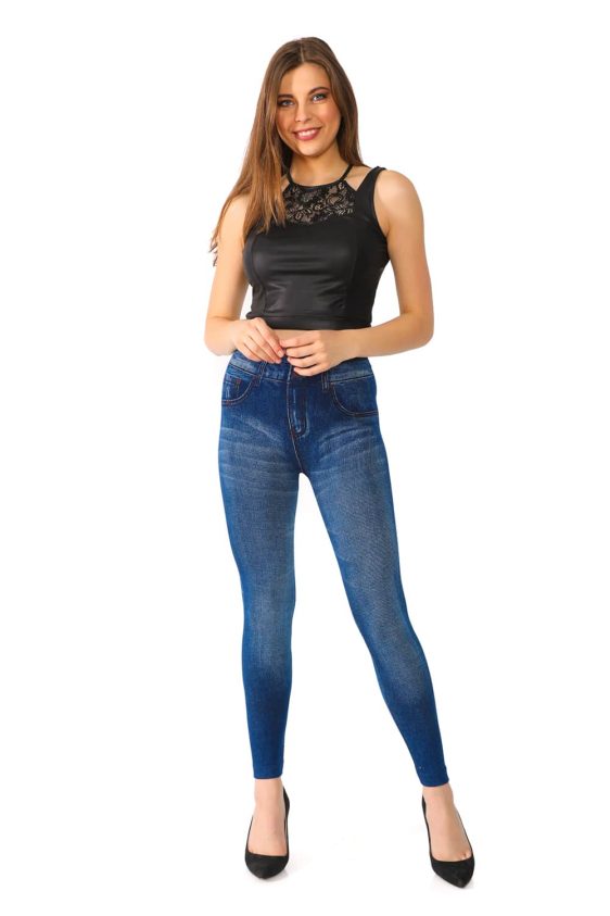 Denim Leggings with Fake Pockets and Buttons Pattern - 4