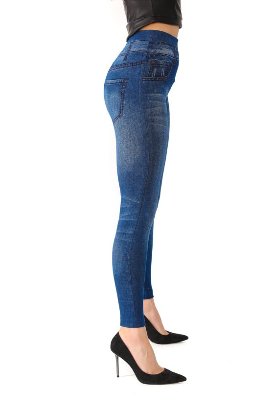 Denim Leggings with Fake Pockets and Buttons Pattern - 5