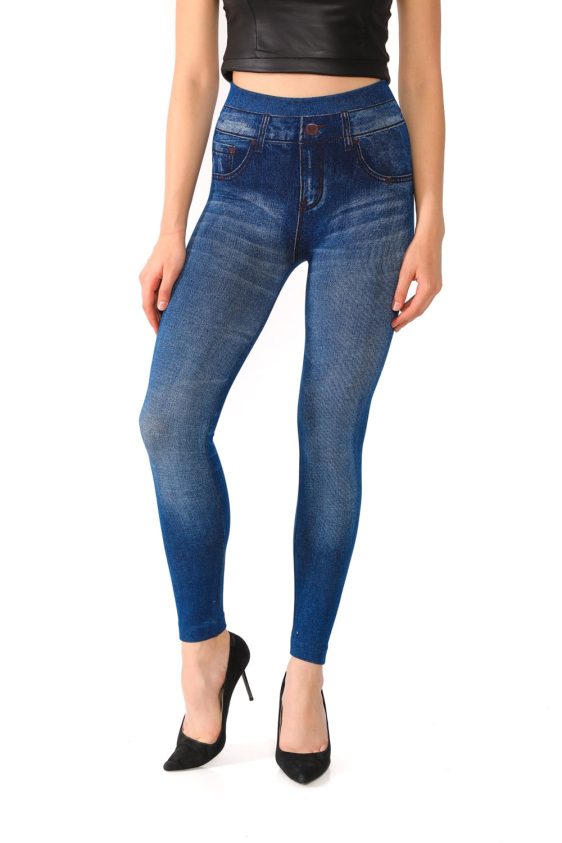 Denim Leggings with Fake Pockets and Buttons Pattern - 6