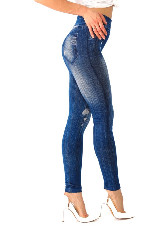 Denim Leggings with Ripped and Button Pattern - 1