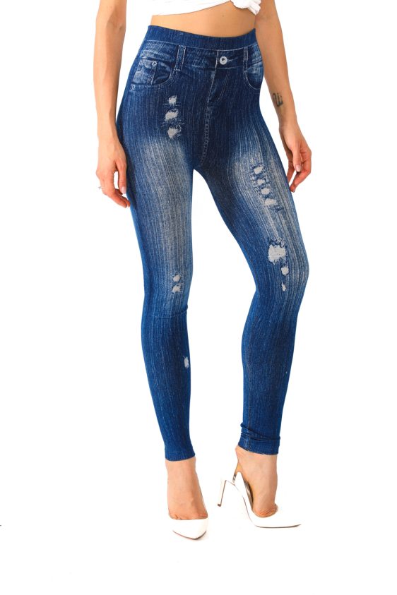 Denim Leggings with Ripped and Button Pattern - 3