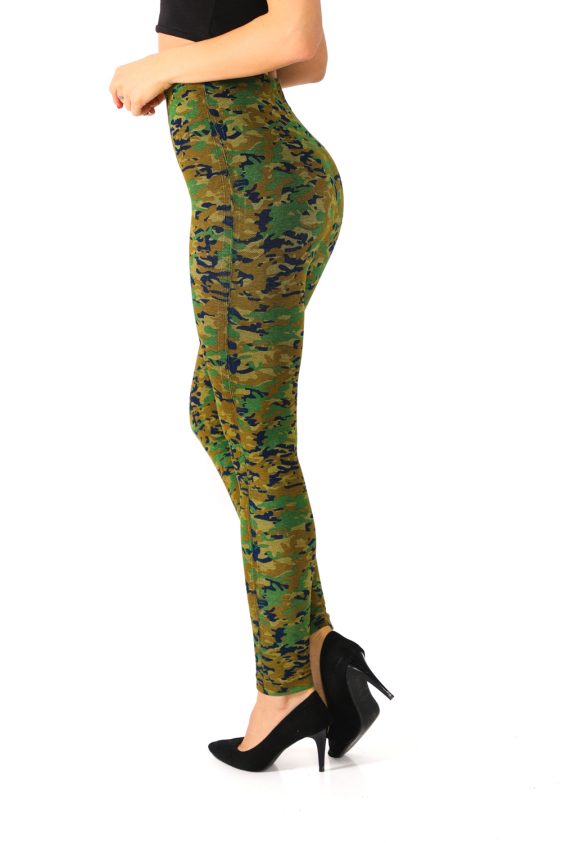 Denim Leggings with Olive Color Camo Pattern - 2