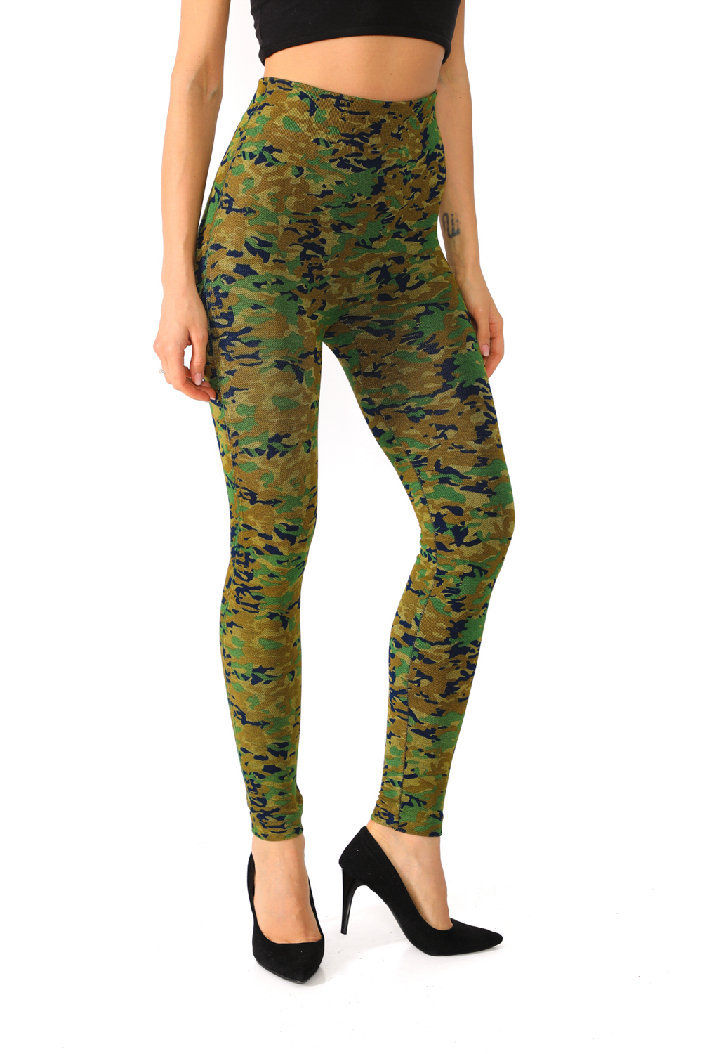 Denim Leggings with Olive Color Camo Pattern - 3