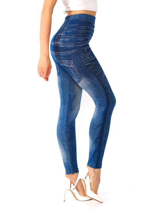 Faux Jeans Leggings with Fake Pockets and Buttons Pattern - 1
