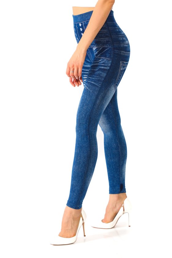 Faux Jeans Leggings with Fake Pockets and Buttons Pattern - 4
