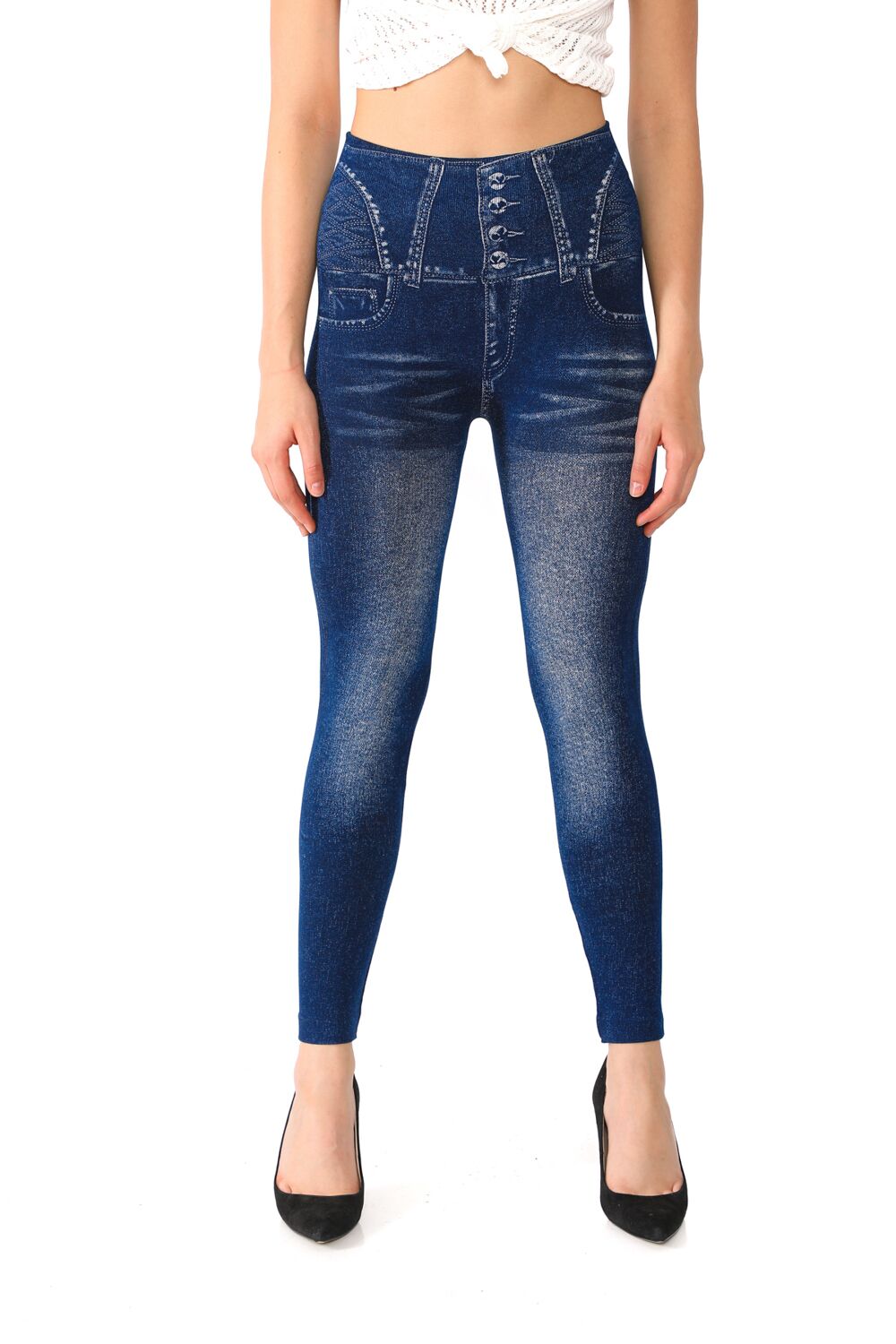 Denim Leggings with Fake Pockets and Button Pattern - 1