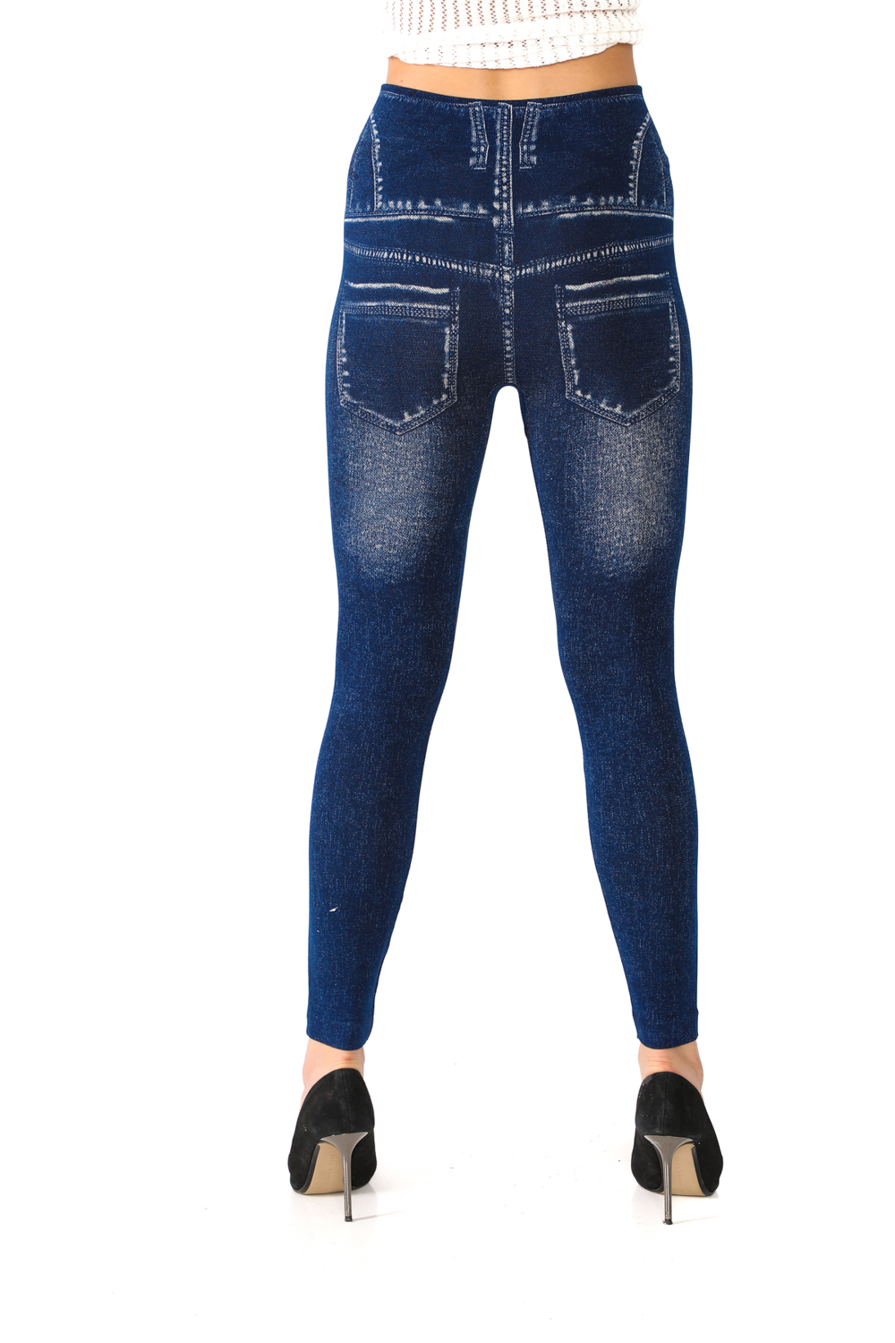 Denim Leggings with Fake Pockets and Button Pattern - 3