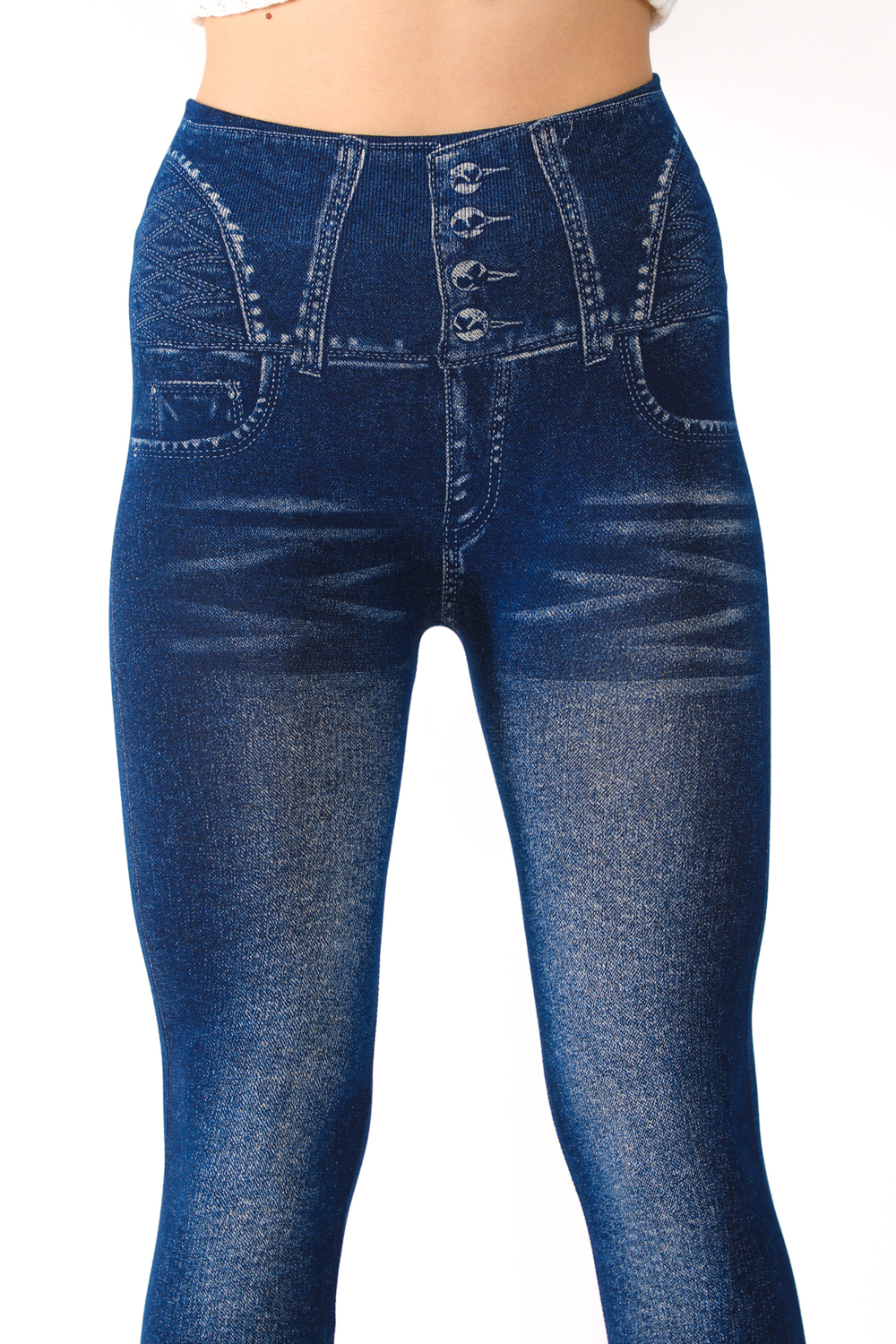 Denim Leggings with Fake Pockets and Button Pattern - 7