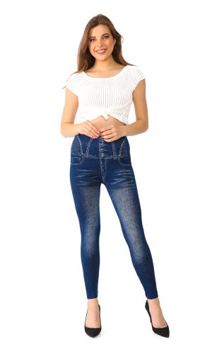 These Denim Leggings with Fake Pockets and Button Pattern add a bit of sexy style to your look. The leggings look like real jeggings, but have fake pockets and button pattern on the front. They're perfect for showing off your curves and making a statement.