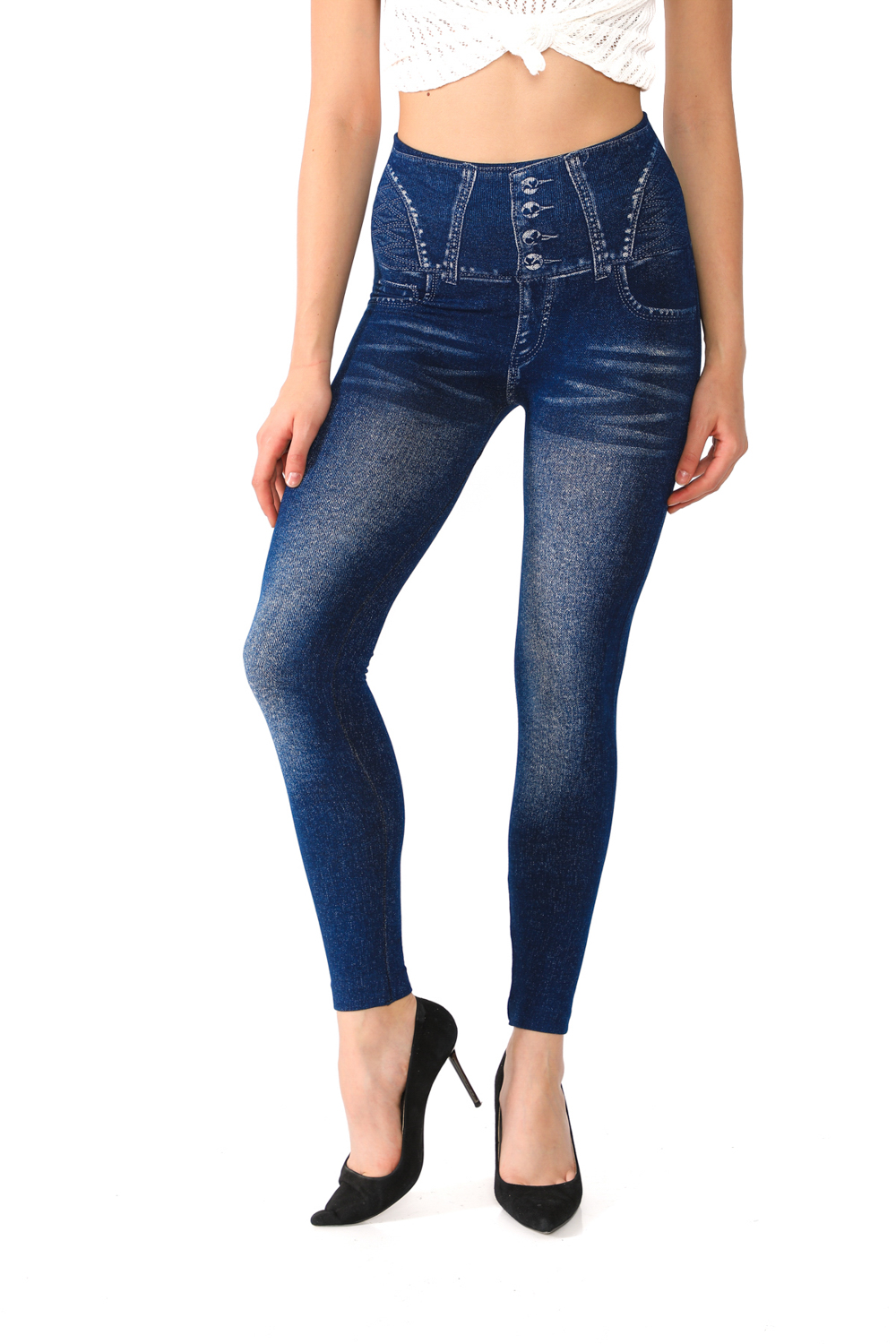 Denim Leggings with Fake Pockets and Button Pattern - 4
