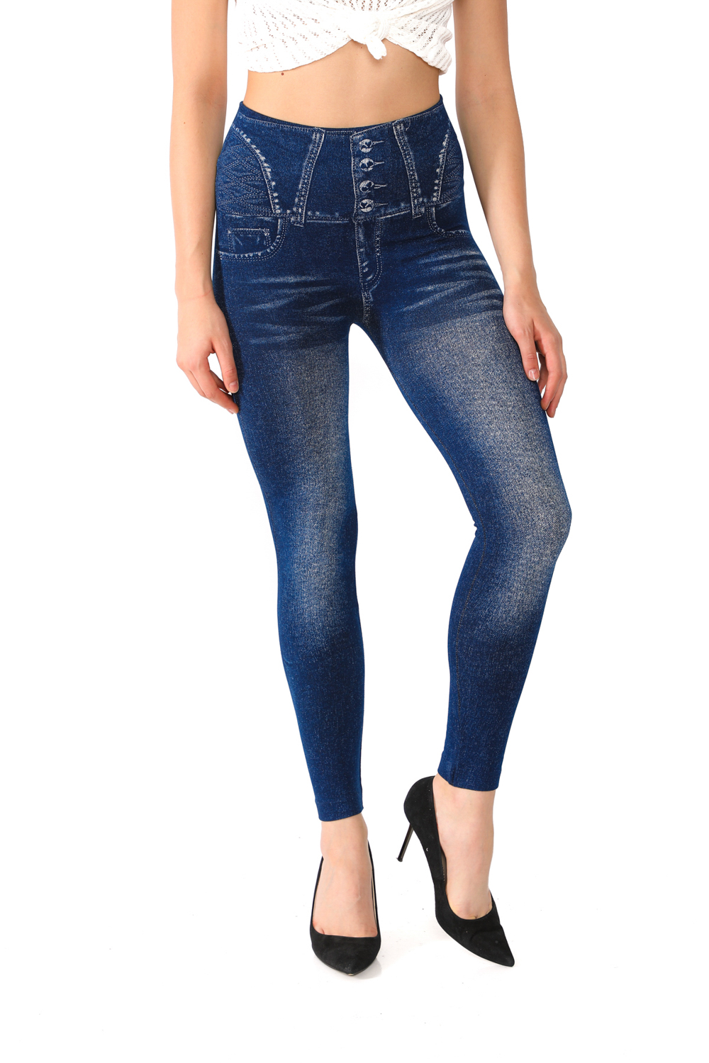 Denim Leggings with Fake Pockets and Button Pattern - 6
