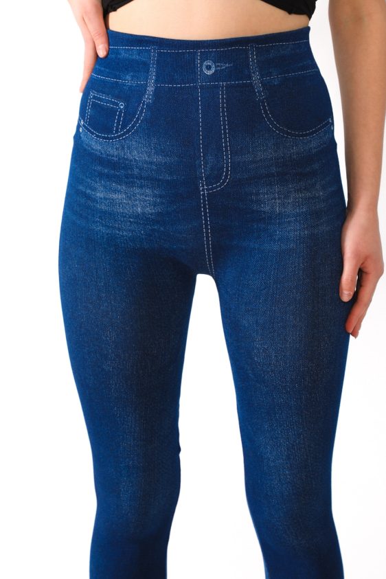 Classic Denim Leggings with Faux Pockets and a Button - 3