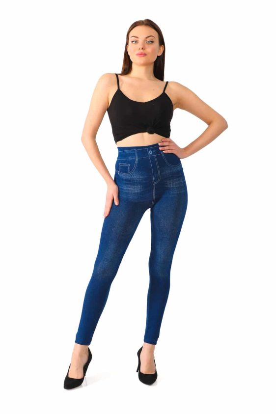 Classic Denim Leggings with Faux Pockets and a Button - 4