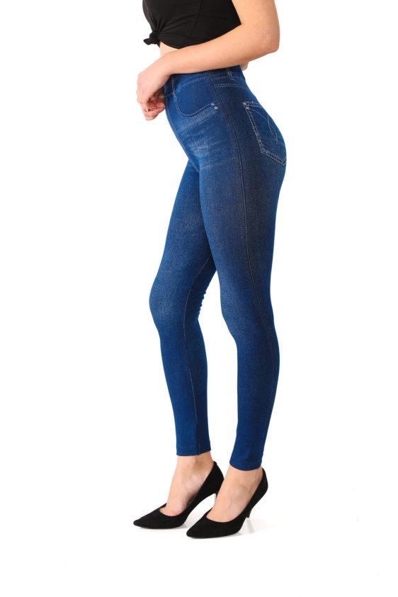 Classic Denim Leggings with Faux Pockets and a Button - 5