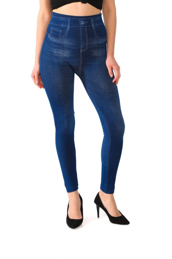 Classic Denim Leggings with Faux Pockets and a Button - 6