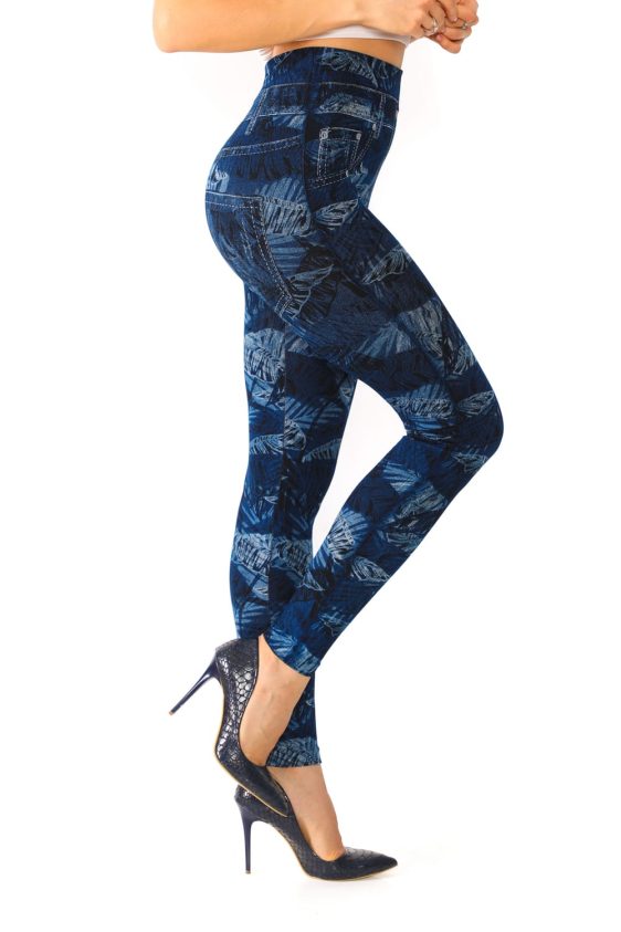 Denim Leggings with Tropical Trees and Leaves Pattern - 1