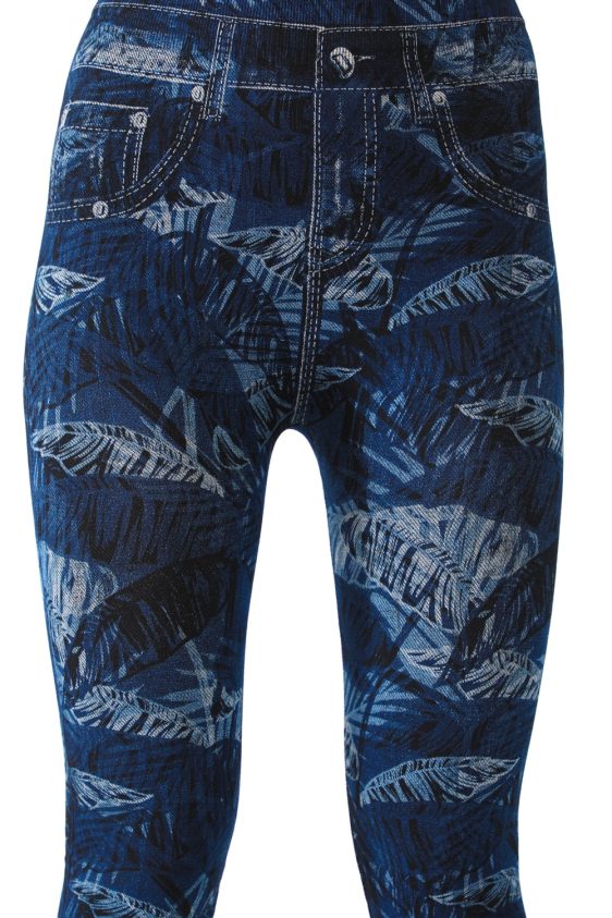 Denim Leggings with Tropical Trees and Leaves Pattern - 6