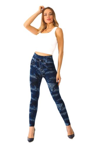 Denim Leggings with Tropical Trees and Leaves Pattern