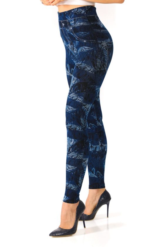 Denim Leggings with Tropical Trees and Leaves Pattern - 3