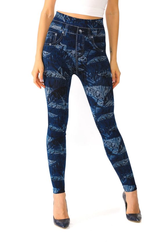 Denim Leggings with Tropical Trees and Leaves Pattern - 4