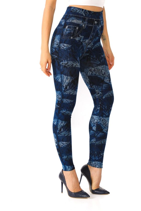 Denim Leggings with Tropical Trees and Leaves Pattern - 5