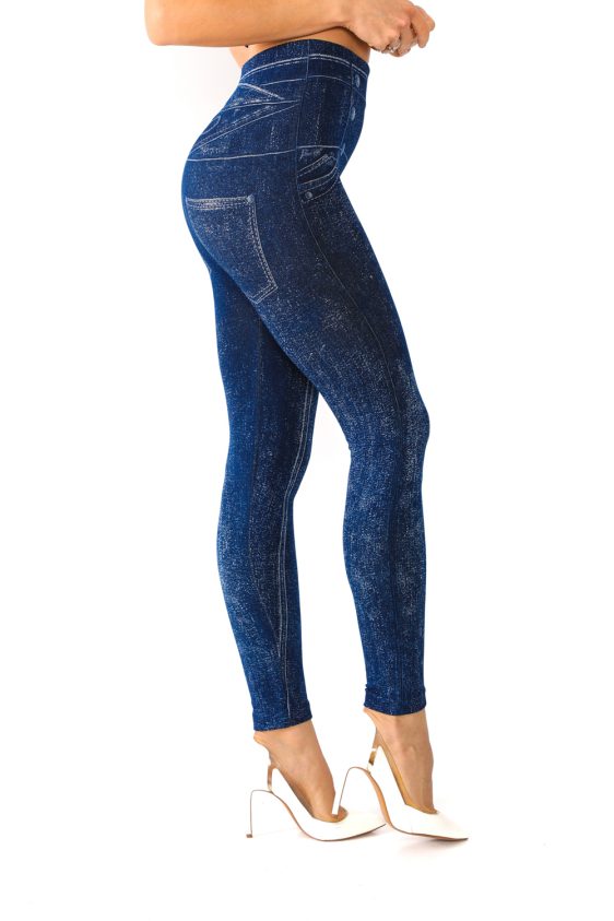 Denim Leggings with Side Button and Stripe Pattern - 1
