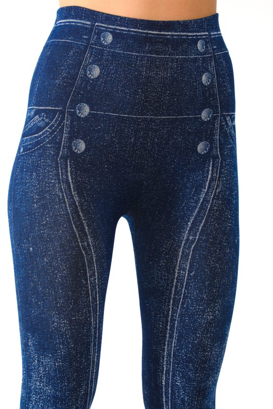 Denim Leggings with Side Button and Stripe Pattern - 6