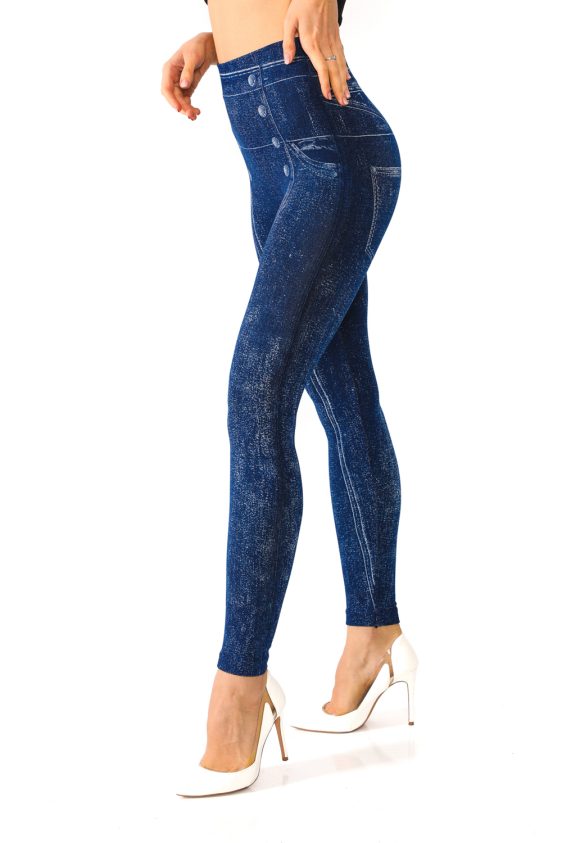 Denim Leggings with Side Button and Stripe Pattern - 3