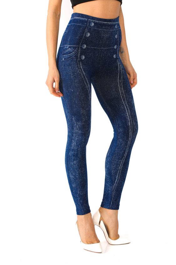 Denim Leggings with Side Button and Stripe Pattern - 4