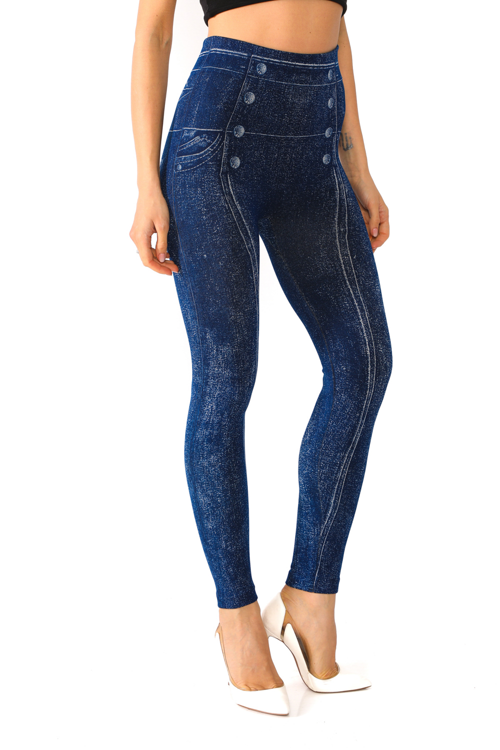 Denim Leggings with Side Button and Stripe Pattern