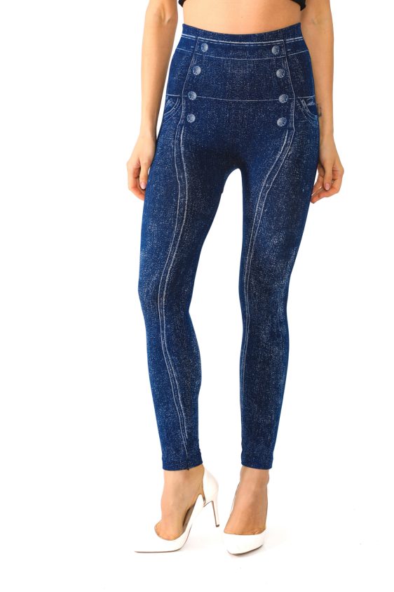 Denim Leggings with Side Button and Stripe Pattern - 5