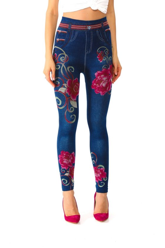 Jeggings with Big Red Roses and a Braided Belt - 1