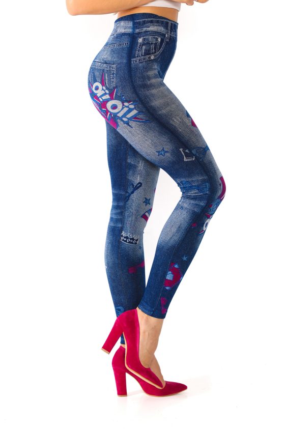 Denim Leggings with Colorful Ribbon and Heart Pattern - 1