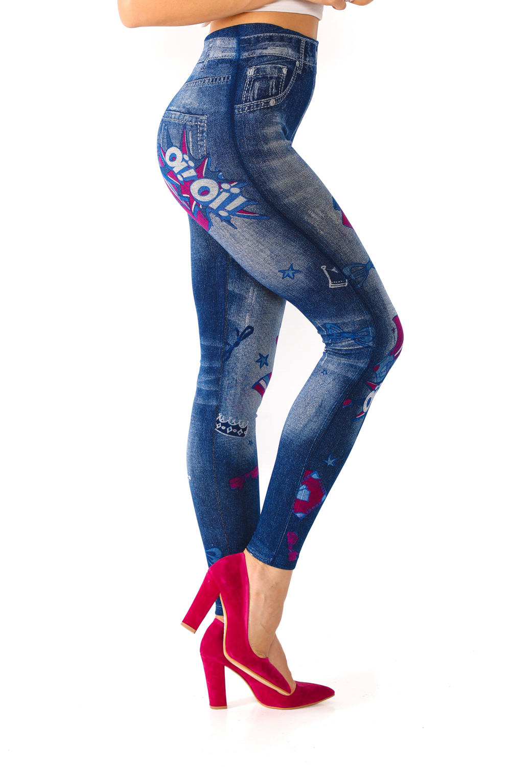 Denim Leggings with Floral Pattern Fake Pockets - Its All Leggings
