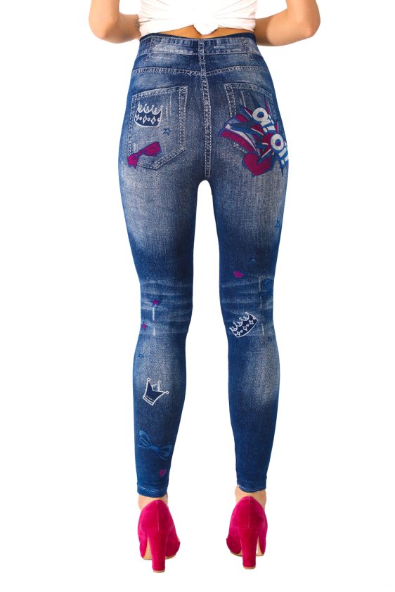 Denim Leggings with Colorful Ribbon and Heart Pattern - 2