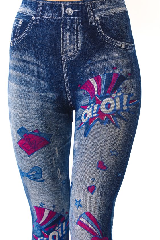 Denim Leggings with Colorful Ribbon and Heart Pattern - 6