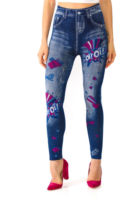 Denim Leggings with Colorful Ribbon and Heart Pattern - 4
