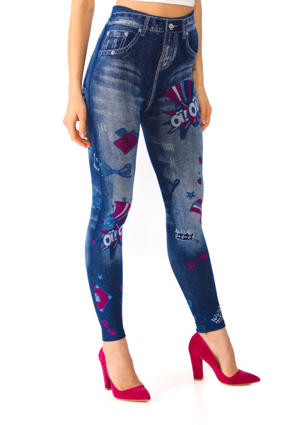 Denim Leggings with Colorful Ribbon and Heart Pattern - 5