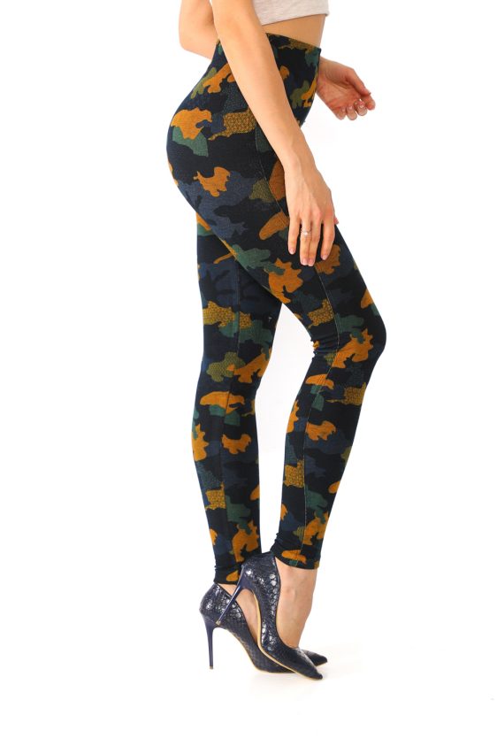 Denim Leggings with Orange and Green Camouflage Pattern - 1