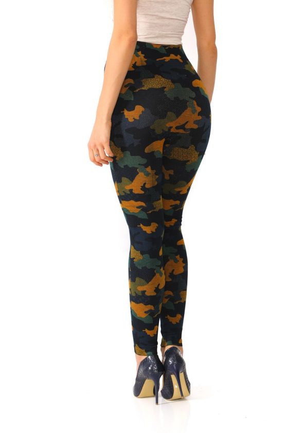 Denim Leggings with Orange and Green Camouflage Pattern - 2