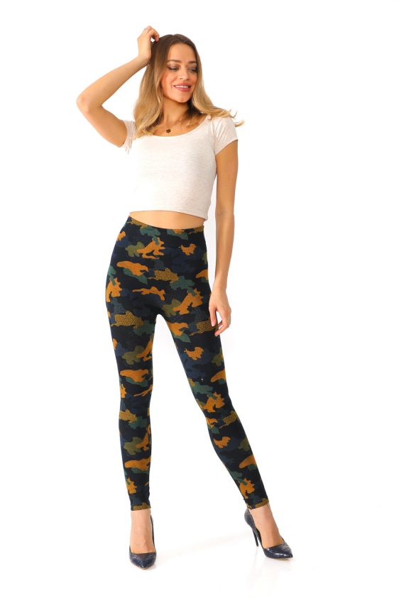 Denim Leggings with Orange and Green Camouflage Pattern